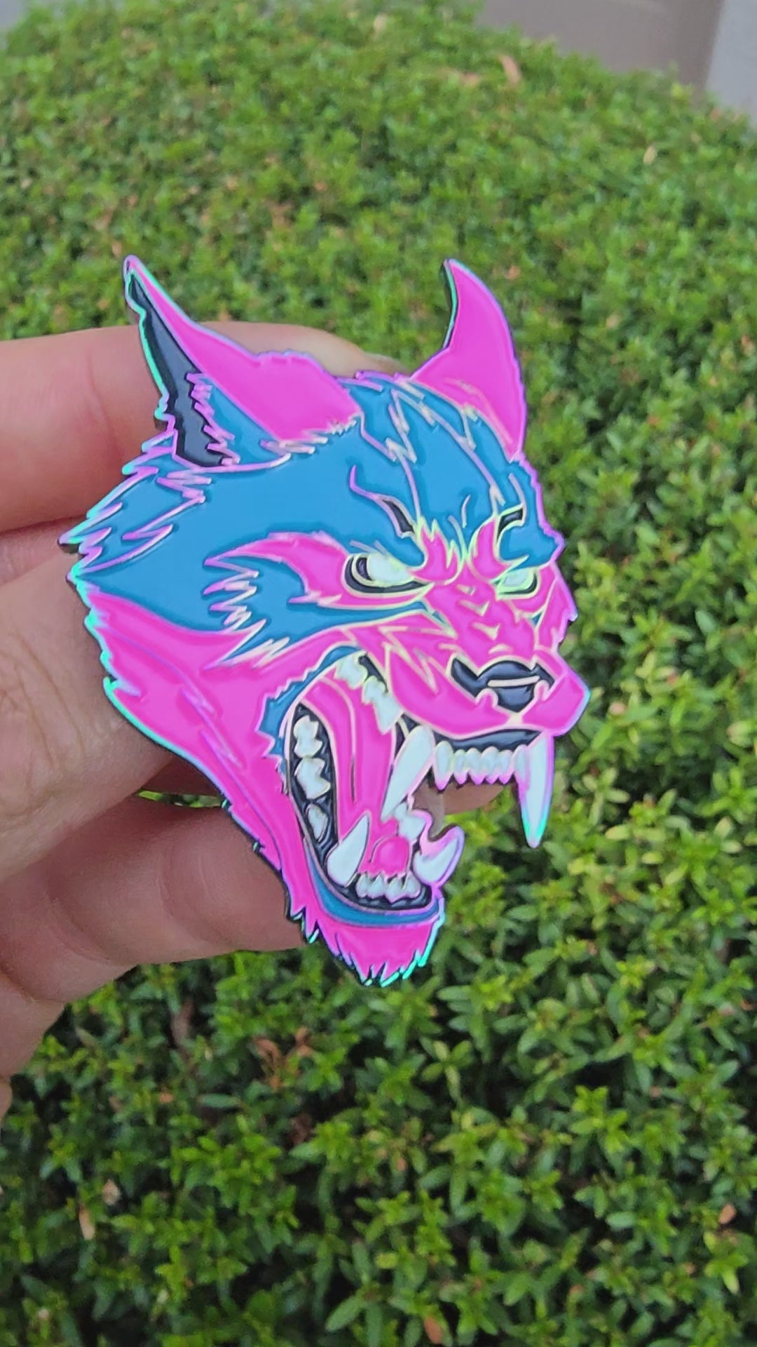 Werewolf Anodized Rainbow Metal Enamel Pin with Glow-in-the-Dark Teeth