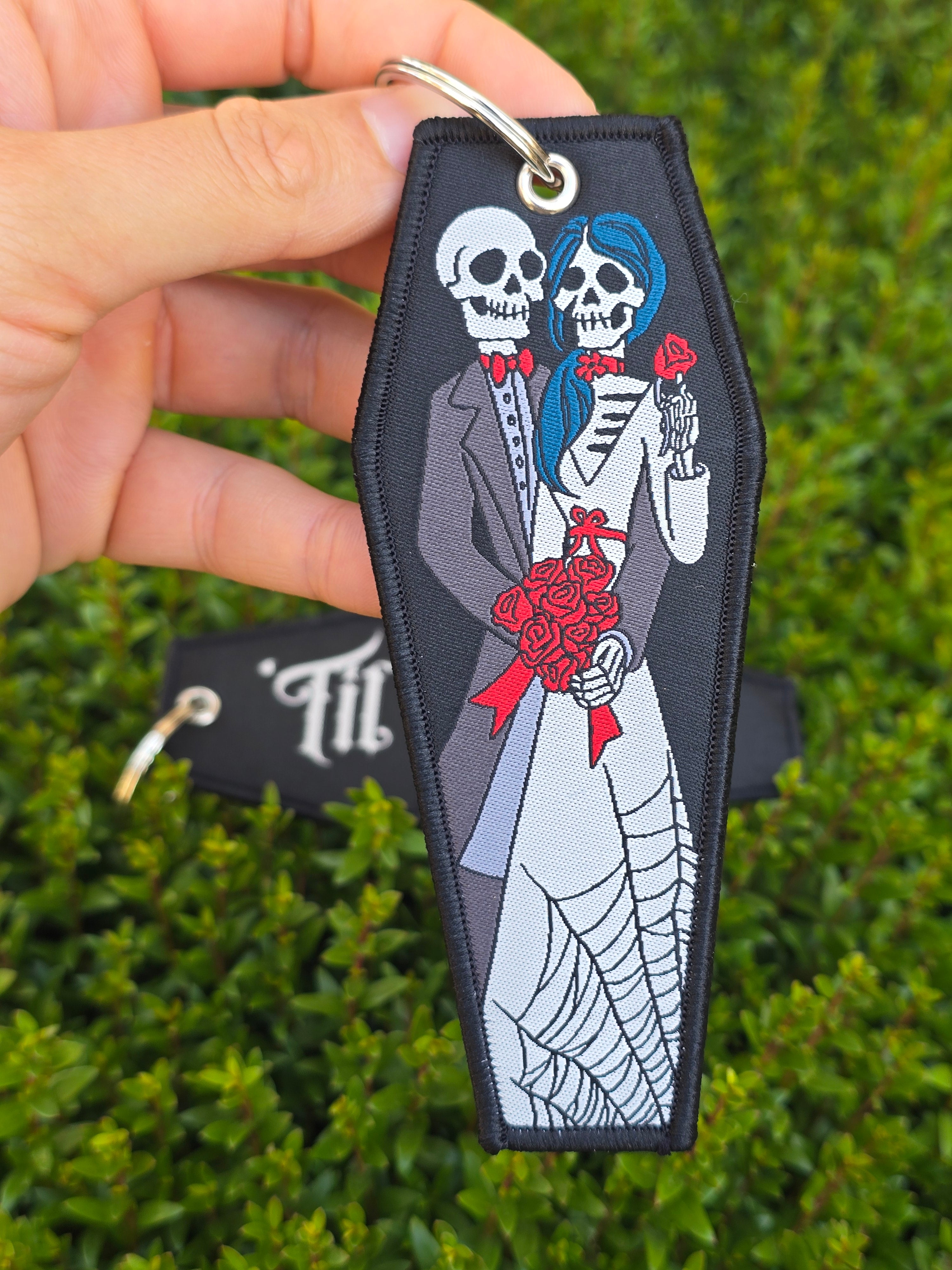 Sugar Skull Wedding 'Til Death Woven Jet Tag Keychain