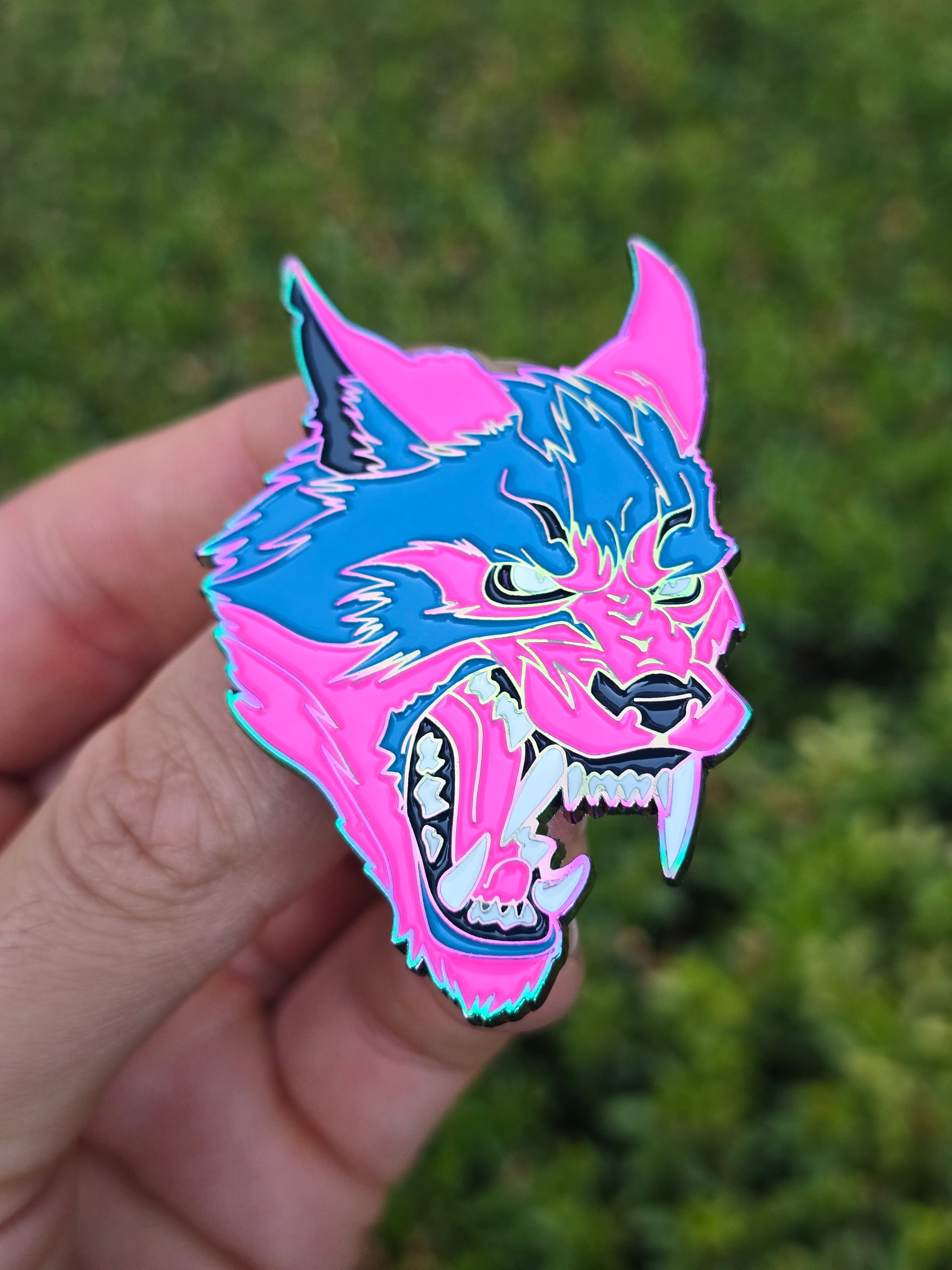 Werewolf Anodized Rainbow Metal Enamel Pin with Glow-in-the-Dark Teeth