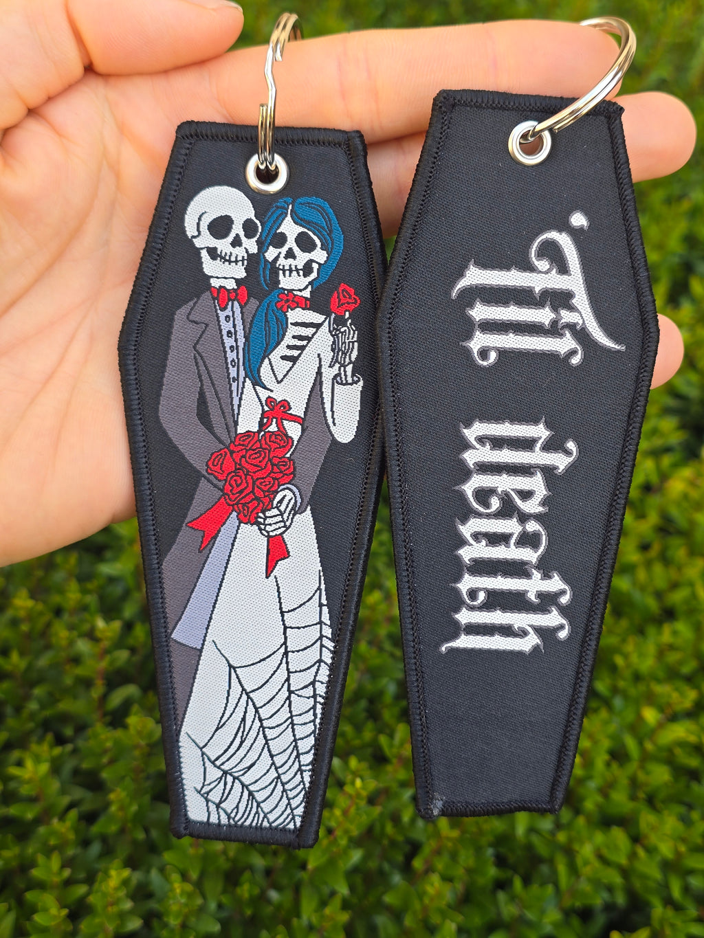 Sugar Skull Wedding 'Til Death Woven Jet Tag Keychain