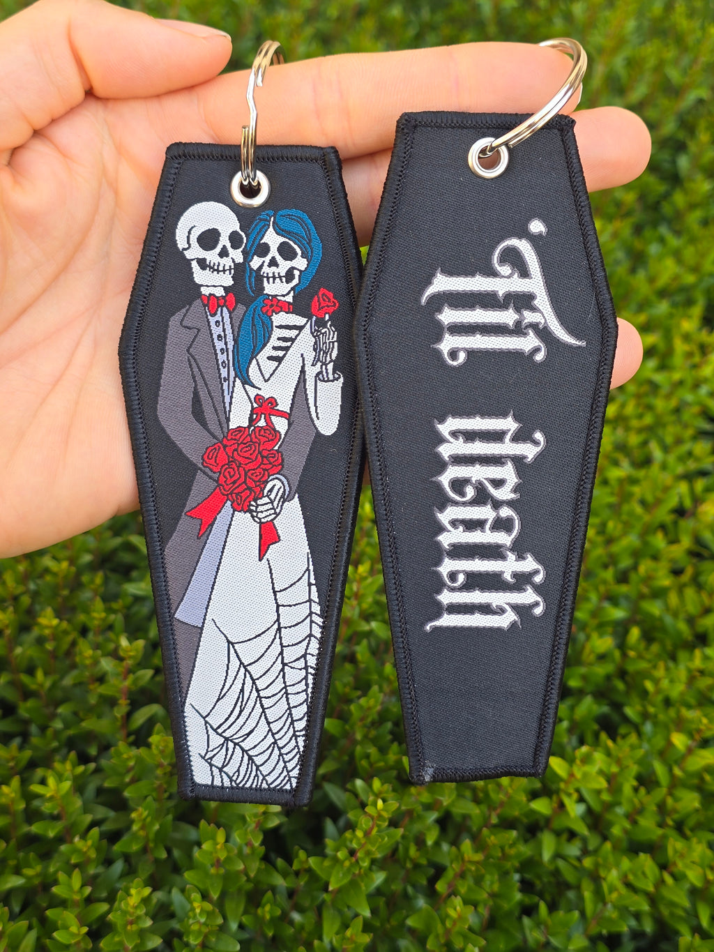 Sugar Skull Wedding 'Til Death Woven Jet Tag Keychain