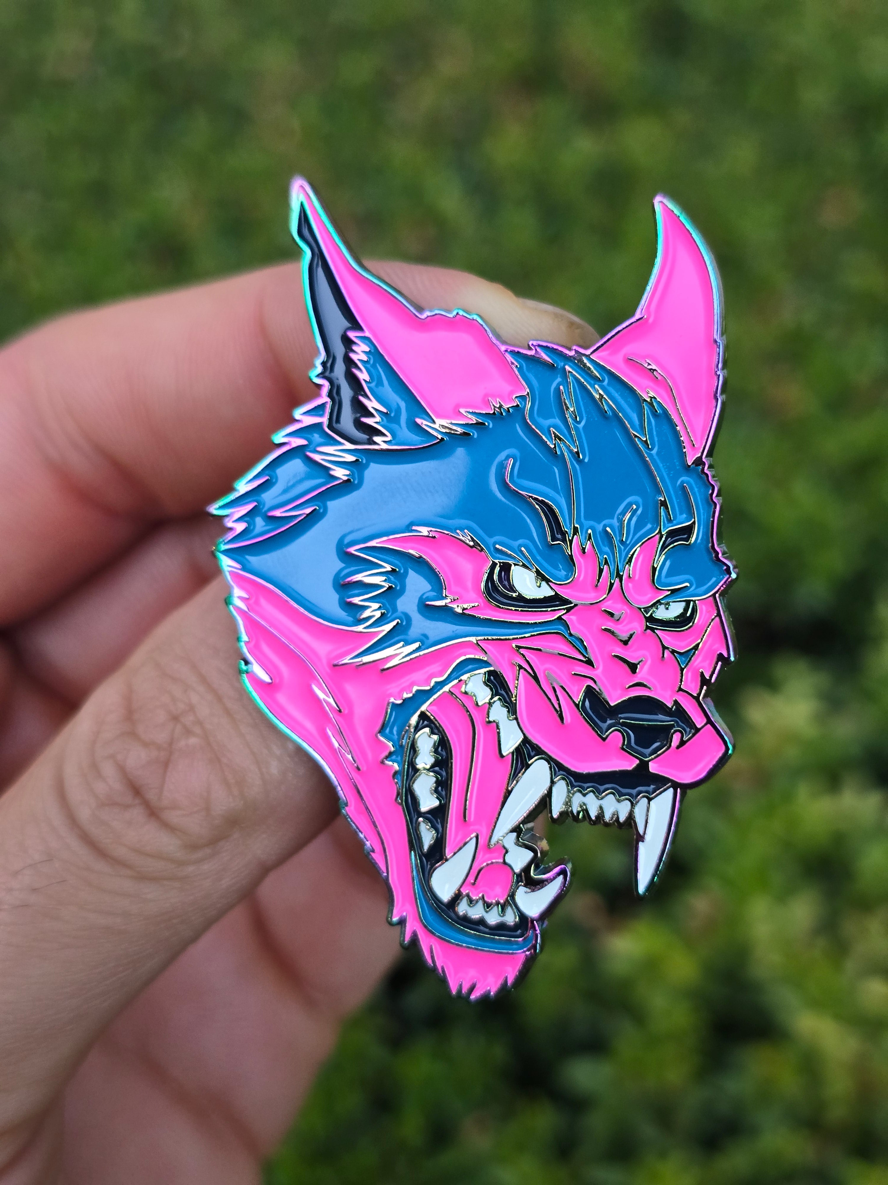 Werewolf Anodized Rainbow Metal Enamel Pin with Glow-in-the-Dark Teeth