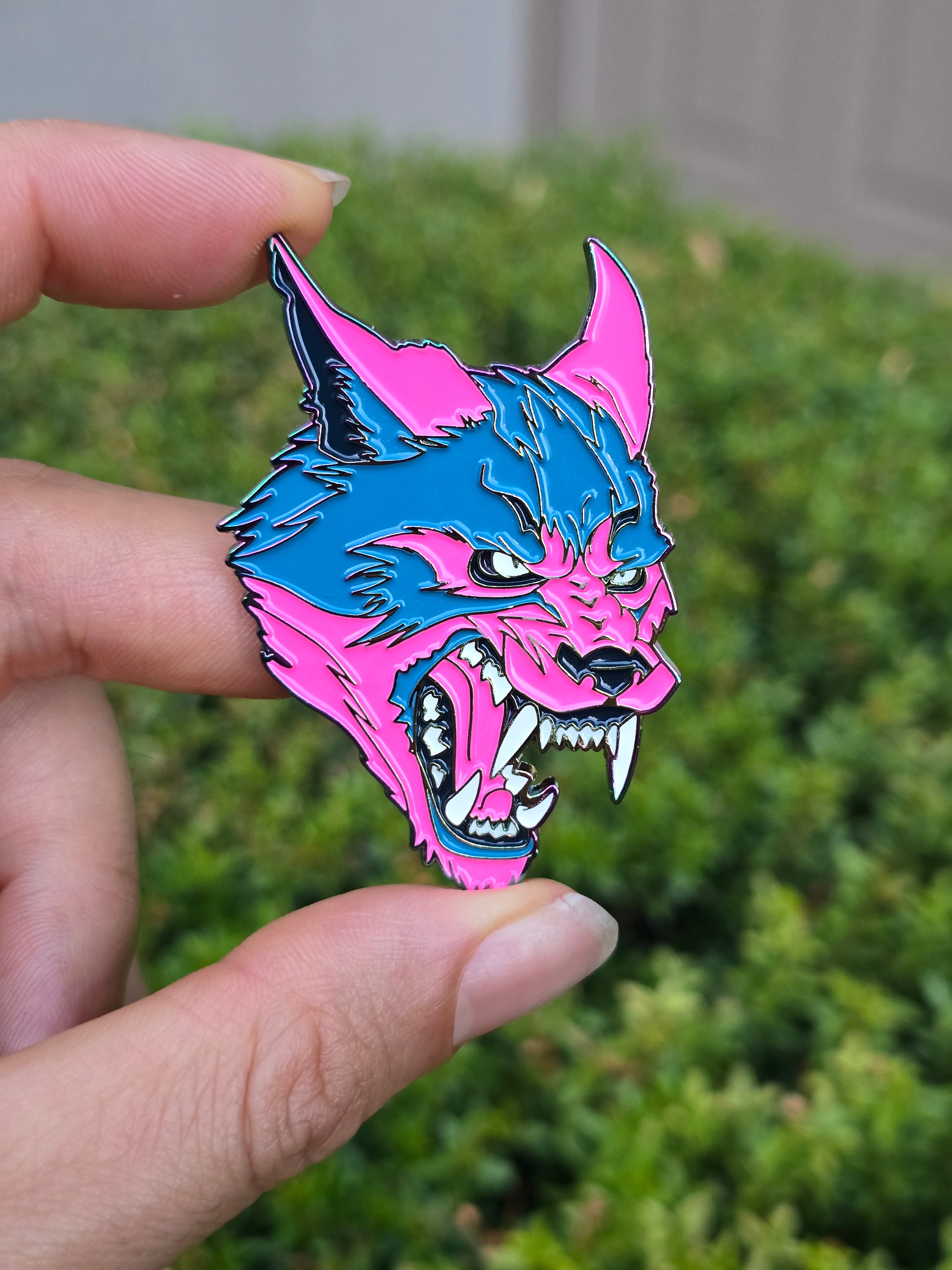 Werewolf Anodized Rainbow Metal Enamel Pin with Glow-in-the-Dark Teeth