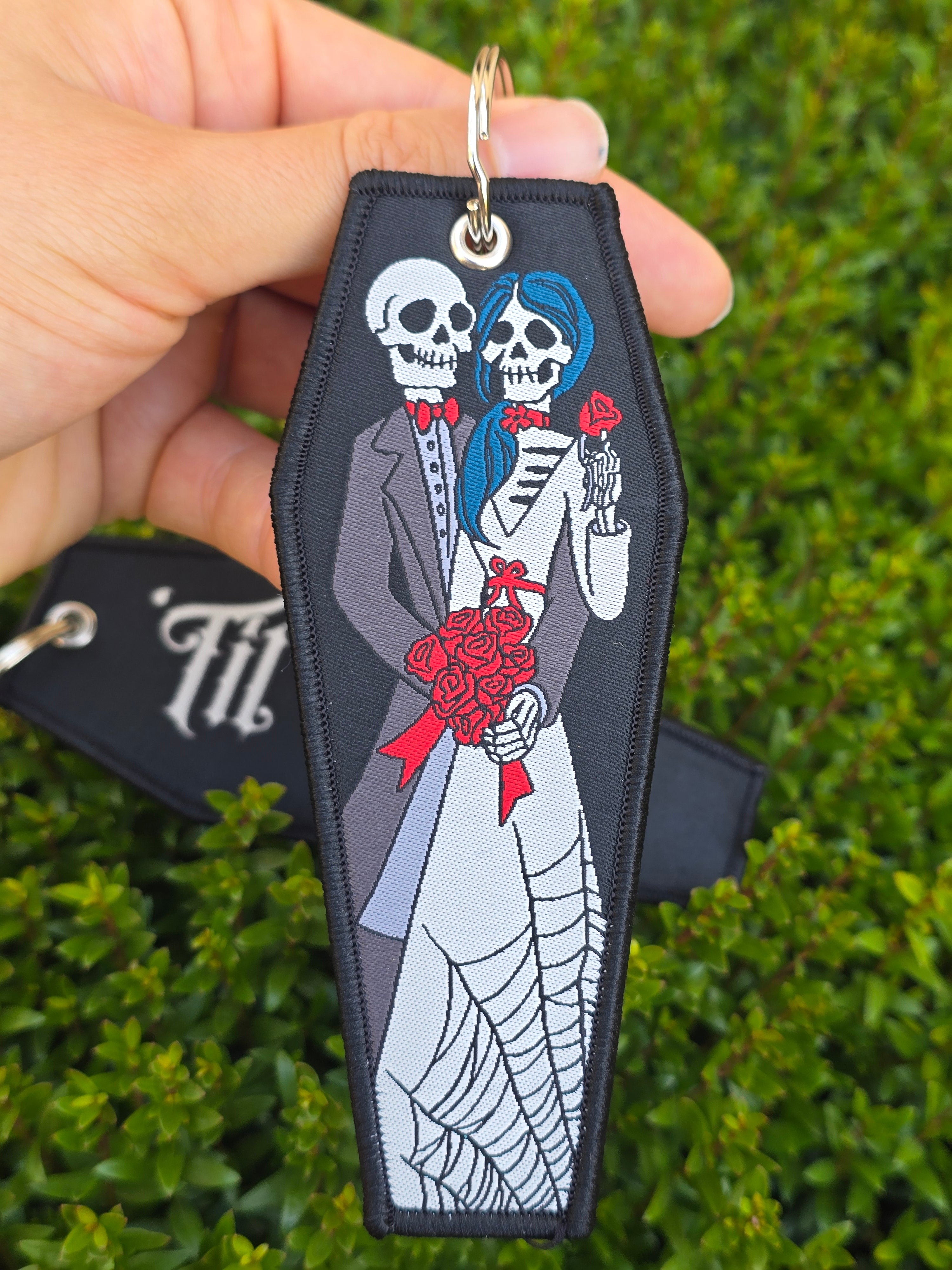 Sugar Skull Wedding 'Til Death Woven Jet Tag Keychain
