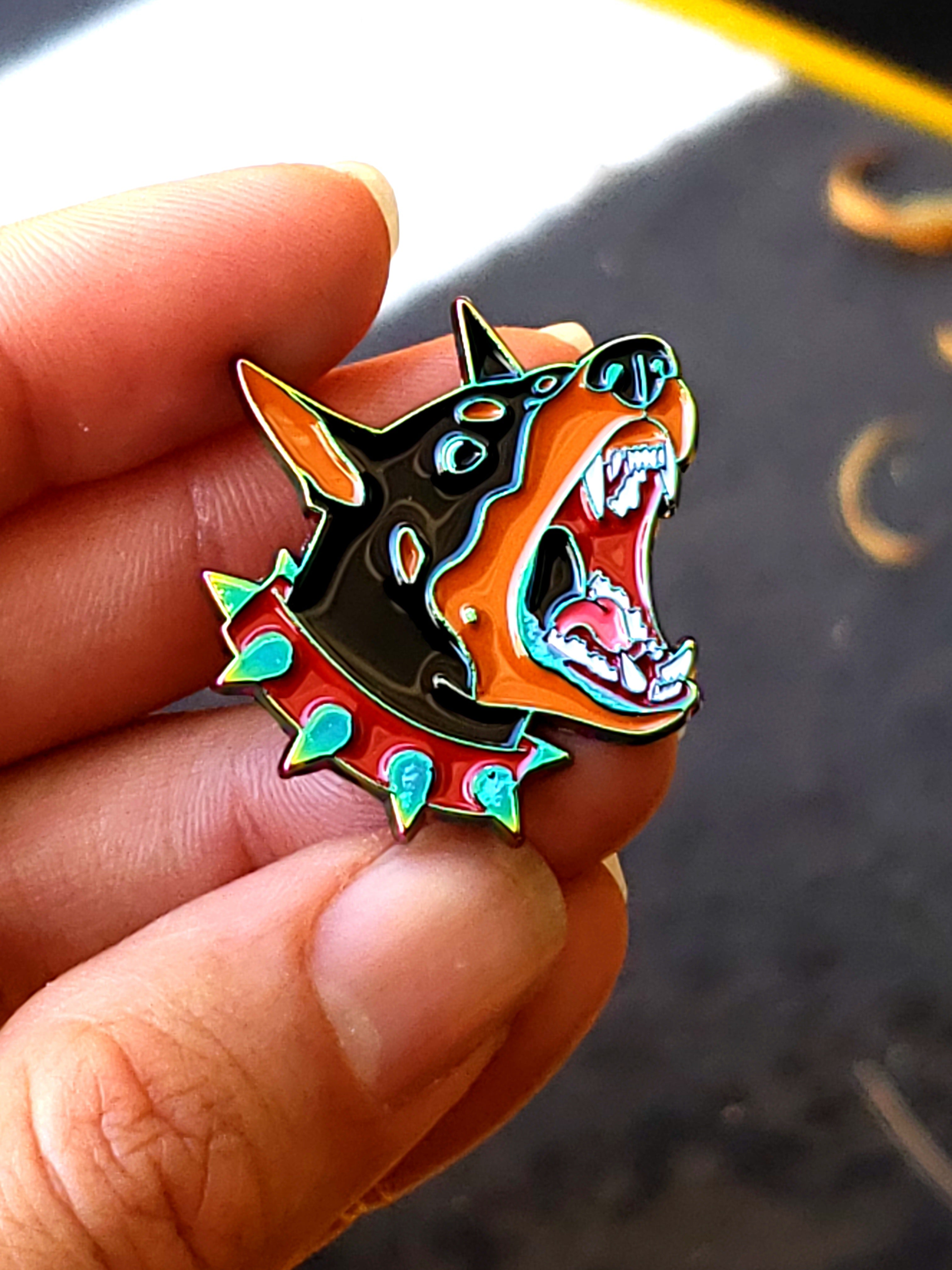 Barking Doberman Rainbow Oil Slick Soft Enamel Pin