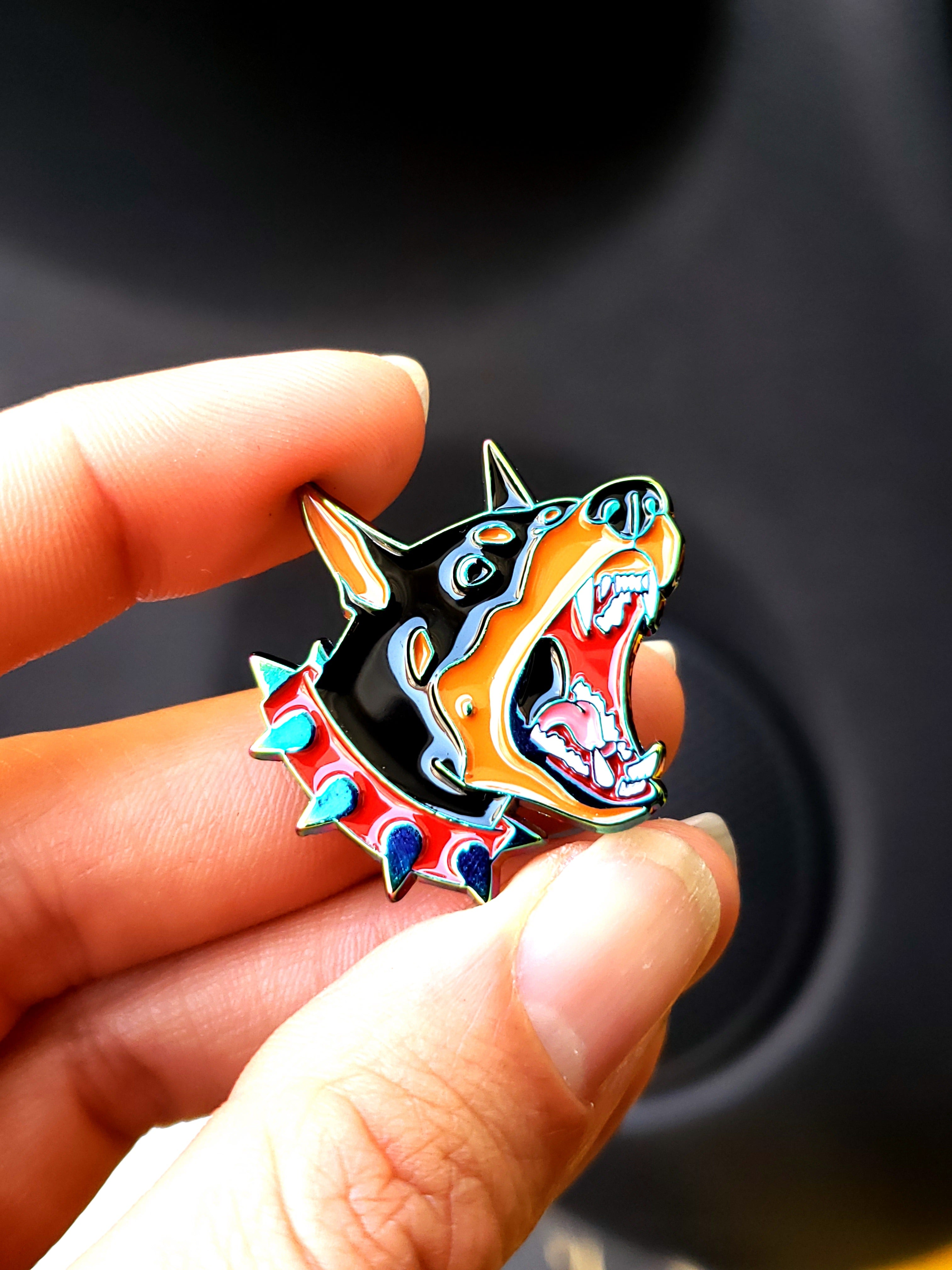 Barking Doberman Rainbow Oil Slick Soft Enamel Pin
