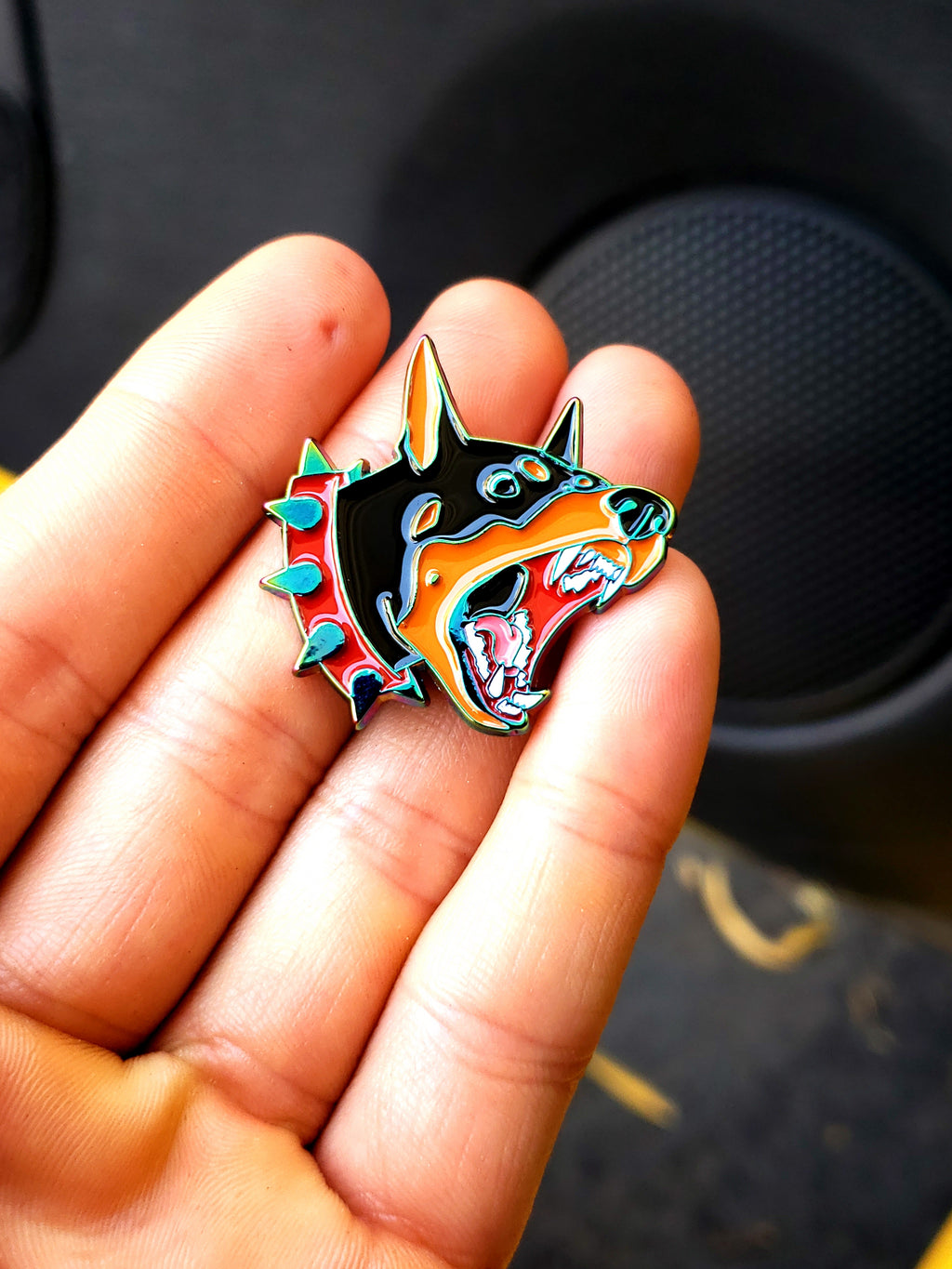 Barking Doberman Rainbow Oil Slick Soft Enamel Pin
