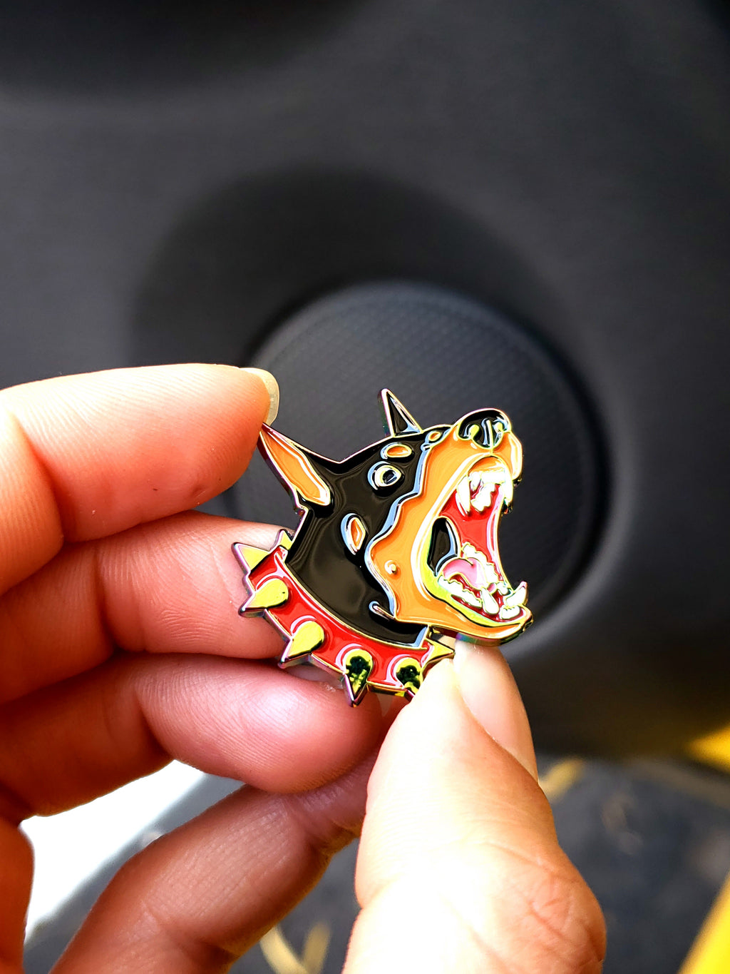 Barking Doberman Rainbow Oil Slick Soft Enamel Pin