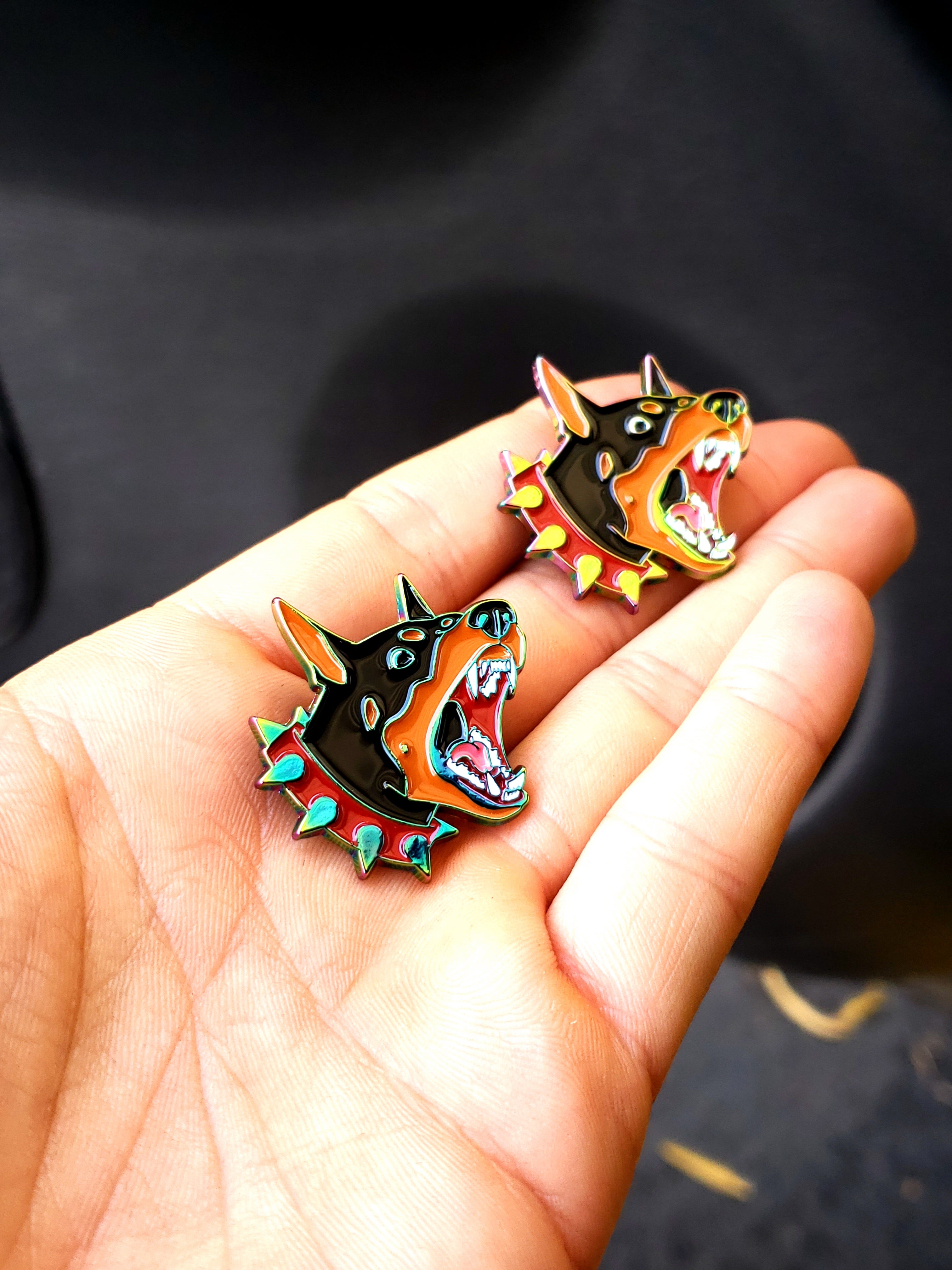 Barking Doberman Rainbow Oil Slick Soft Enamel Pin
